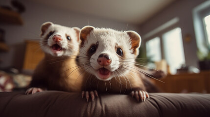 A pair of lively ferrets playing with their owner in a joyful moment - obrazy, fototapety, plakaty