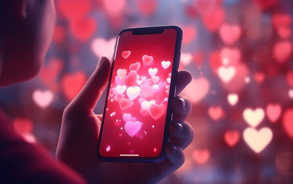 Close up woman hand hold using smart phone with heart icons at color pink color modern background. Copy space, paper cut craft hearts, valentine day darting concept, red 