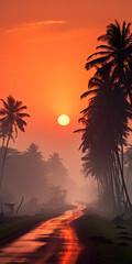 Obraz premium The road leading to a sunset with palm trees, exotic digital art 