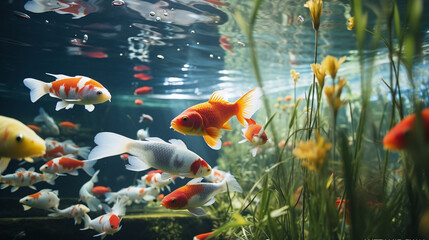 A serene aquarium with vibrant tropical fish swimming gracefully