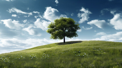 Fototapeta premium Arbre au milieu d'un paysage, ciel bleu nuageux et herbe verte. Nature, printemps, été. Espace et fond pour conception et création graphique.
