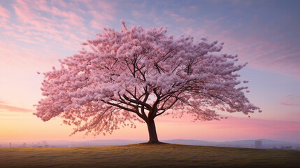 Fototapeta na wymiar Arbre rose au milieu d'un paysage, ciel rose, coucher de soleil et herbe. Nature, printemps, été. Espace et fond pour conception et création graphique.