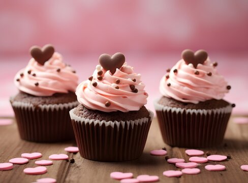 Festive cupcakes with a heart sugar figures inside for Valentine's Day decorated with sprinkles with hearts on colorful modern color background. Love sweet concept, bokeh pink color photo, copy space