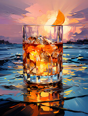 A Glass Of Alcohol With Ice And Orange Slice In Front Of Water - vibrant Vodka Sunrise