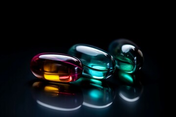 Medical jelly capsules on dark background. Oil texture medicine pills vitamins. Generate ai