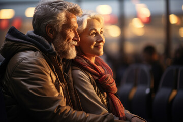 Fototapeta na wymiar Elder Caucasian couple in casual clothes waiting at the plane outdoors in airport