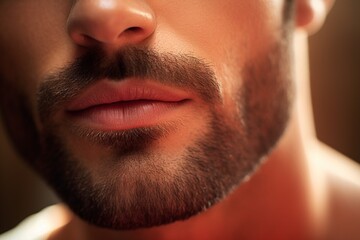 A close-up of a beautiful man's lips curved in a subtle smile, radiating warmth and kindness. - obrazy, fototapety, plakaty