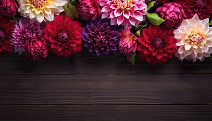 Colorful dahlia flowers on wooden background. Top view with copy space