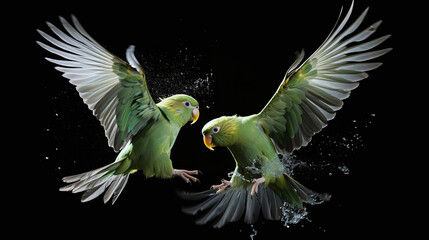 A pair of energetic parakeets captured in a dynamic pet photography session - obrazy, fototapety, plakaty