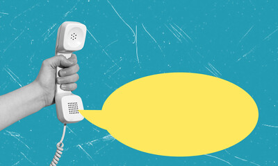 Creative composition photo art collage of a hand holding a telephone receiver and a message bubble on a blue background.