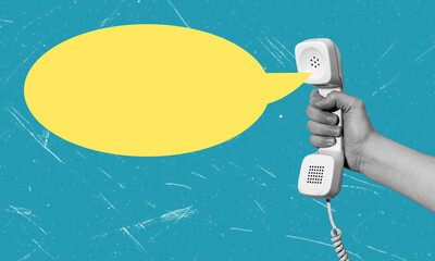 Creative composition photo art collage of a hand holding a telephone receiver and a message bubble on a blue background.