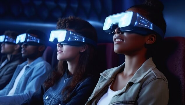 Young african american woman using virtual reality headset while sitting in cinema - Powered by Adobe