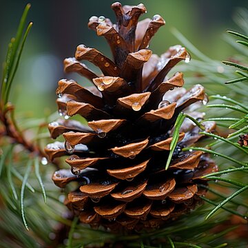 Pinecone with droplets of water in a natural and detailed macro photography. The beauty of a wet pinecone up close, a symbol of the evergreen outdoors.