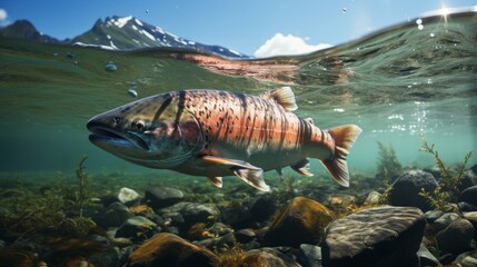 Fototapeta na wymiar Salmon fish swim in the white-water rivers of northern territory, or Alaska. Brown trout, underwater photo, preparing for spawning in its natural river habitat, shallow depth of field