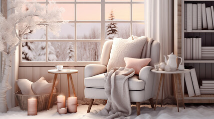 Peaceful winter morning in a cozy home with a beautiful snow landscape view. Warm and inviting armchair by the window for a perfect winter relaxation.