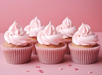 Festive cupcakes with a heart sugar figures inside for Valentine's Day decorated with sprinkles with hearts on colorful modern color background. Love sweet concept, bokeh pink color photo, copy space