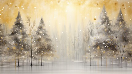 Serene winter dawn with abstract trees and a pastel golden sky. Whimsical winter forest scene with sparkling snow and a starry pastel backdrop