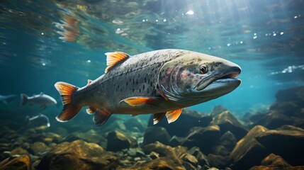 Salmon fish swim in the white-water rivers of northern territory, or Alaska. Brown trout, underwater photo, preparing for spawning in its natural river habitat, shallow depth of field