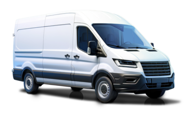 Modern fictional white cargo van front right side corner angle view, isolated