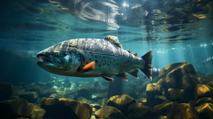 Foto op Aluminium Salmon fish swim in the white-water rivers of northern territory, or Alaska. Brown trout, underwater photo, preparing for spawning in its natural river habitat, shallow depth of field © ND STOCK