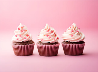 Festive cupcakes with a heart sugar figures inside for Valentine's Day decorated with sprinkles with hearts on colorful modern color background. Love sweet concept, bokeh pink color photo, copy space