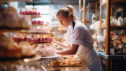 Female pastry chef working in confectionery shop. Professional confectioner working in confectionery shop.