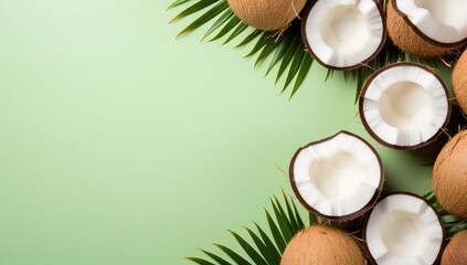 Coconut with palm leaves on green background. Top view with copy space - obrazy, fototapety, plakaty