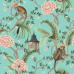 Chinese pagoda, rose tree, monkey, tropical palms leaves, plants, birds seamless pattern. Chinoiserie vintage wallpaper.	 - 680995334