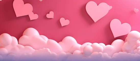 Fotobehang Happy st. Valentines day banner with red abstract illustrated hearts, pink paper hearts flying shining against dark red background with empty space for text, clouds, dreamy, couple love concept banner © Vladislava
