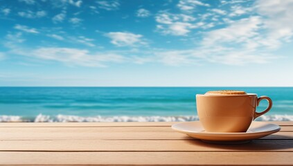 Fototapeta na wymiar Cup of coffee on wooden table over blue sea and sky background