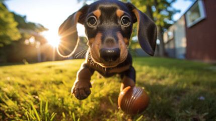 A playful Dachshund puppy captured in a lifestyle pet photography session - obrazy, fototapety, plakaty