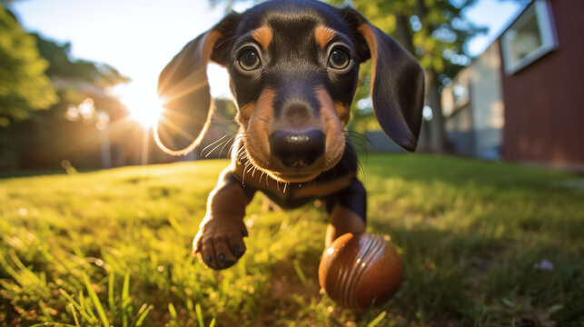 A playful Dachshund puppy captured in a lifestyle pet photography session