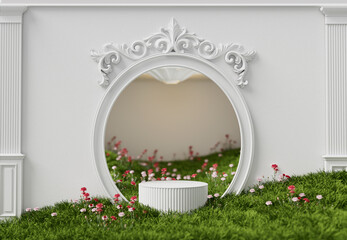 3D display podium white background. Grass and flowers. Luxury old antique frame. Colorful meadow in interior. Glamour minimal pedestal for beauty, cosmetic product presentation. 3d render mockup - obrazy, fototapety, plakaty