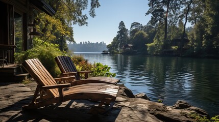 Obraz premium Chaise lounges on the shore of a lake