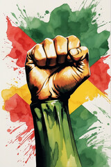 Black History Month Watercolor Draw With Black Hand in Red, Green, Yellow Colors