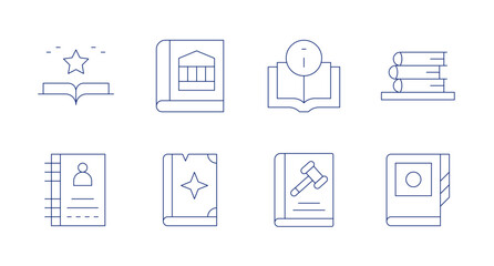 Book icons. Editable stroke. Containing books, contact book, book, phone book, spell book, manual, law.