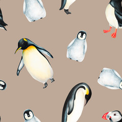 Watercolor seamless pattern with king penguins family and puffin bird isolated. Hand painting realistic Arctic and Antarctic ocean mammals. For designers, decoration, postcards, wrapping paper