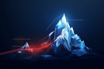 The path to success in the digital futuristic style. Business goals achievement concept.  illustration of a mountain with a flag in a polygonal wireframe, Generative AI - Powered by Adobe