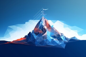 The path to success in the digital futuristic style. Business goals achievement concept.  illustration of a mountain with a flag in a polygonal wireframe, Generative AI - obrazy, fototapety, plakaty