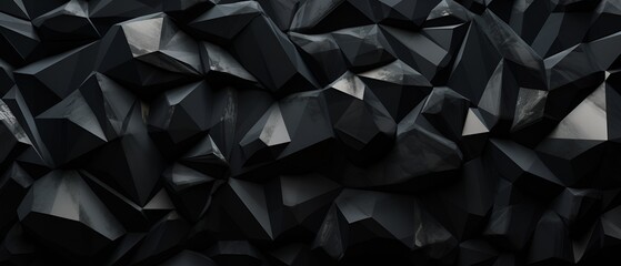 Fototapeta premium 3d render, abstract black crystal background, faceted texture, macro panorama, wide panoramic polygonal wallpaper