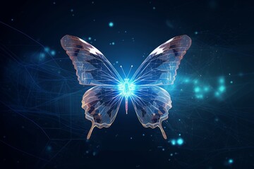 Butterfly in a digital futuristic style on background world map. The concept of a successful startup or investment or business transformation, Generative AI