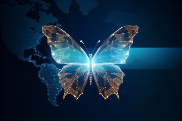Butterfly in a digital futuristic style on background world map. The concept of a successful startup or investment or business transformation, Generative AI - obrazy, fototapety, plakaty