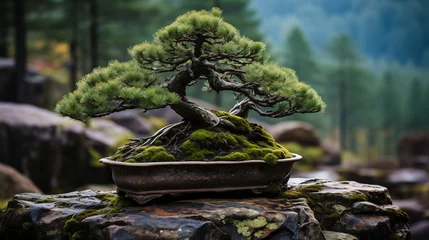 Tuinposter Crooked Japanese pine Bonsai growing on stones. . Generative AI © Vadym Hunko