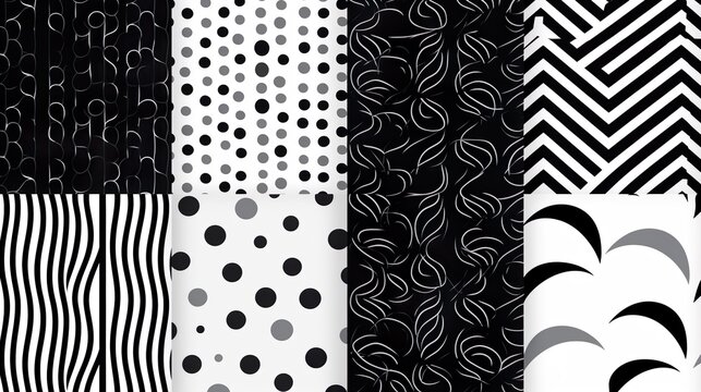 Seamless pattern of white shapes and lines on black