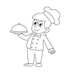 Chef with food tray. Vector illustration for coloring