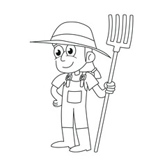 Farmer with rake and straw hat. Vector illustration for coloring