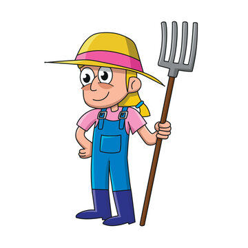 Farmer with rake and straw hat. Colorful vector illustration for children