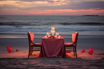 Romantic date by the sea, dinner at sunset. Generative AI