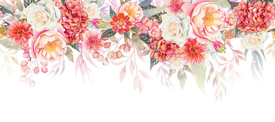 Endless watercolor ribbon of flowers in pastel colors. Hand drawn seamless border arrangement. Wedding design in nude style. For cards and invitations.