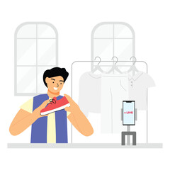 a host man doing live sale for online shopping live selling on social media concept flat illustration